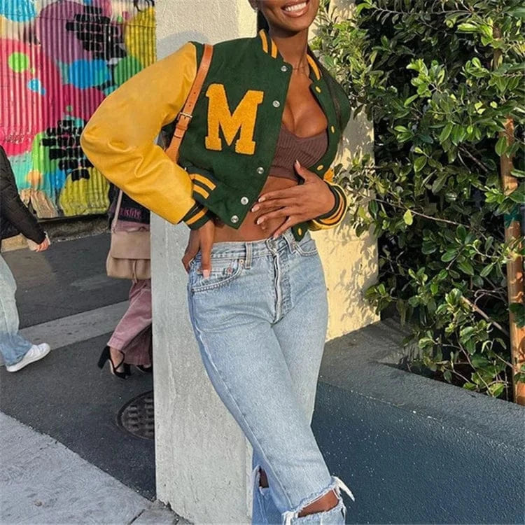 Autumn Women PU Leather Patchwork Crop Tops Contrast Color Letter Single Breasted Jackets