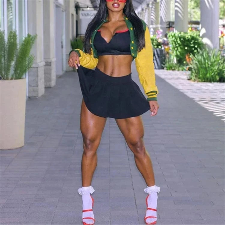 Autumn Women PU Leather Patchwork Crop Tops Contrast Color Letter Single Breasted Jackets