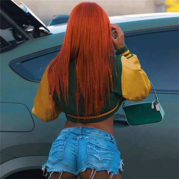 Autumn Women PU Leather Patchwork Crop Tops Contrast Color Letter Single Breasted Jackets