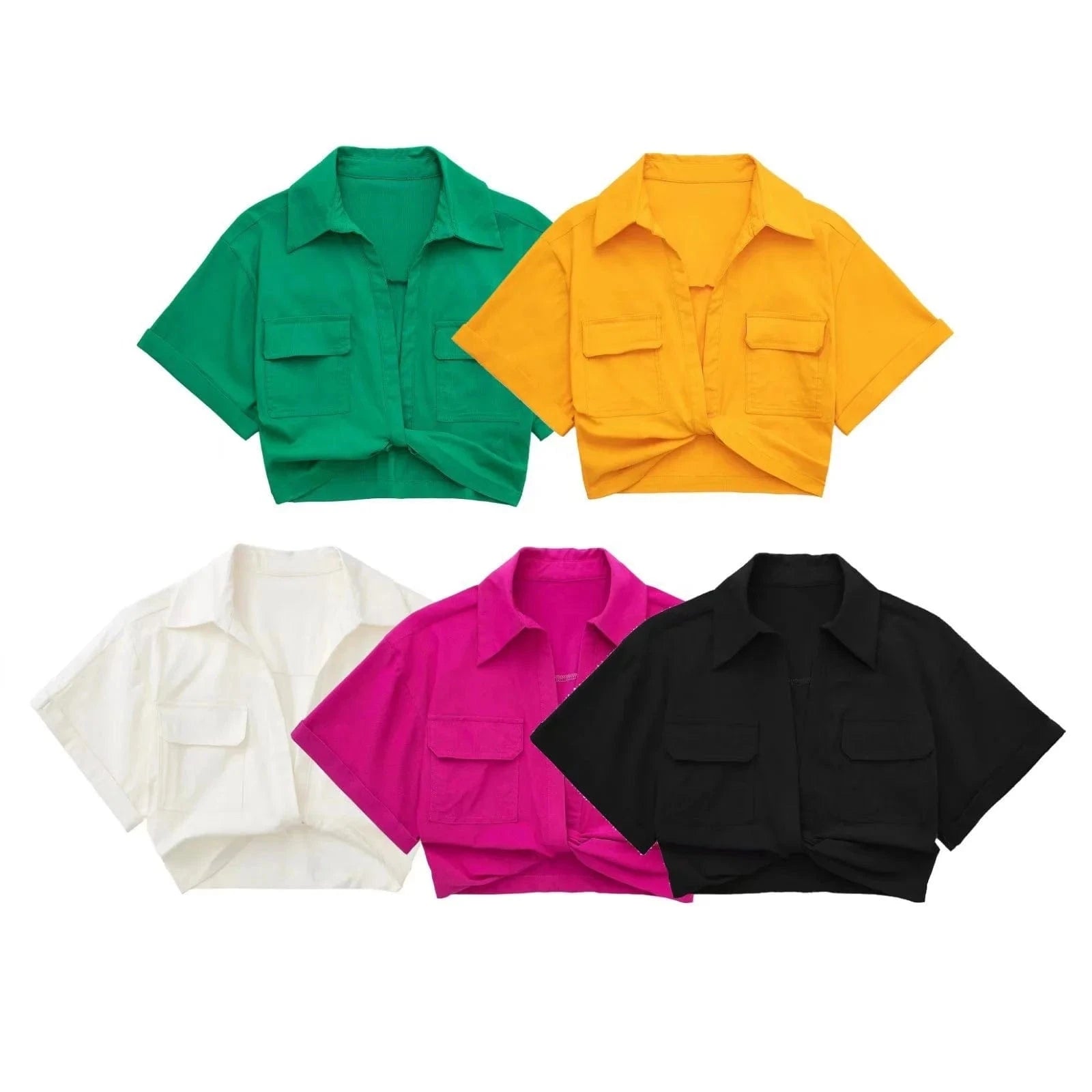 Available New Casual High Stretch Short Sleeve Shirts Vintage Cute Crop Top Women Blouses with Front Twist Knot