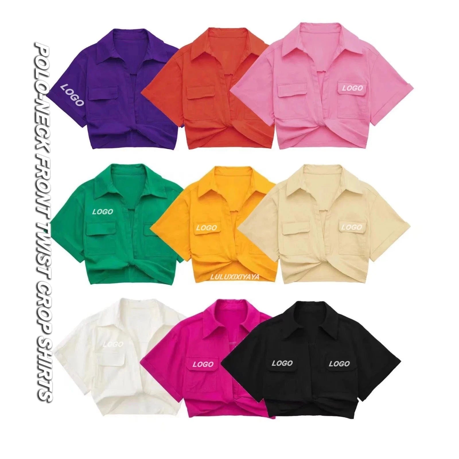 Available New Casual High Stretch Short Sleeve Shirts Vintage Cute Crop Top Women Blouses with Front Twist Knot