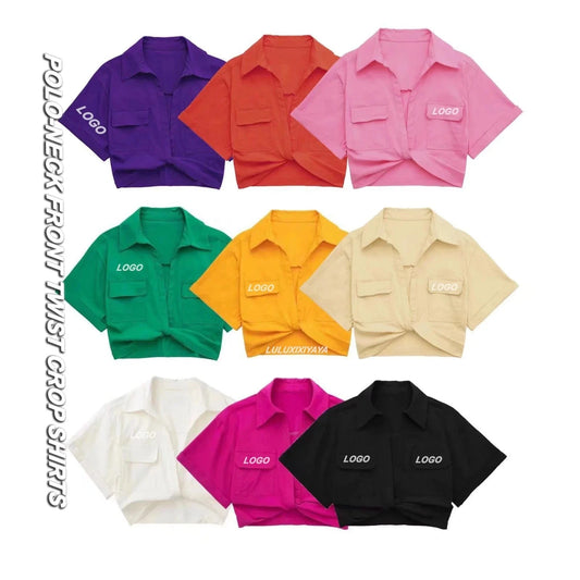 Available New Casual High Stretch Short Sleeve Shirts Vintage Cute Crop Top Women Blouses with Front Twist Knot