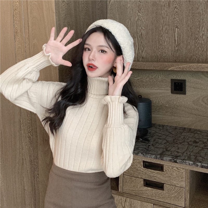 Average size / Apricot knitted top turtleneck pullover women's autumn and winter loose bf idle style design sense niche