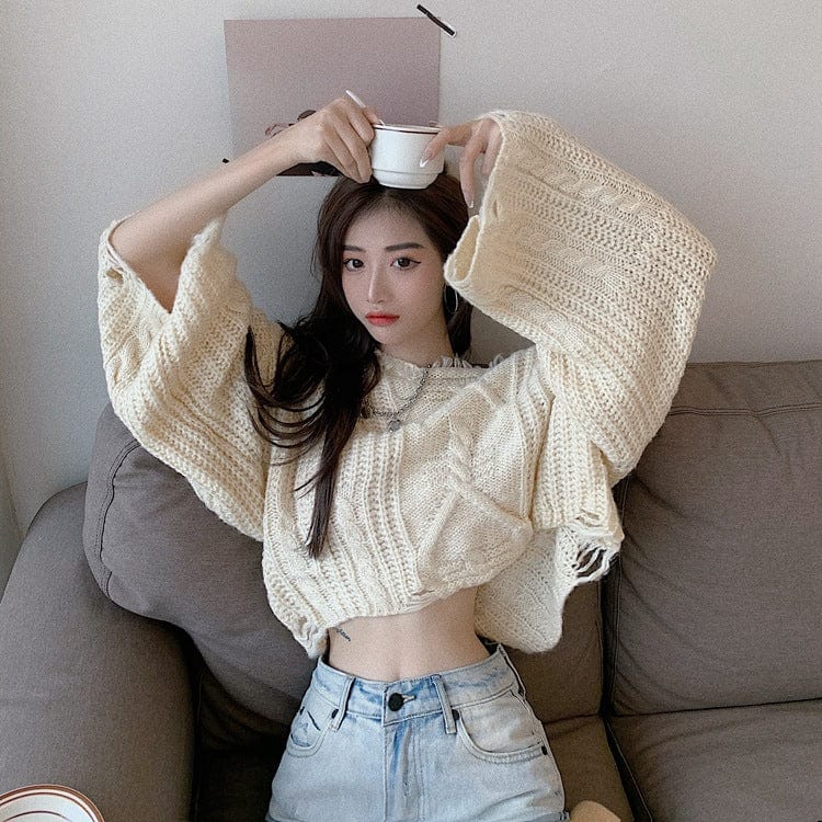 Average size / Apricot Sweater Women's Loose Idle Style Twist Frayed Western Hot Girl Ripped Top