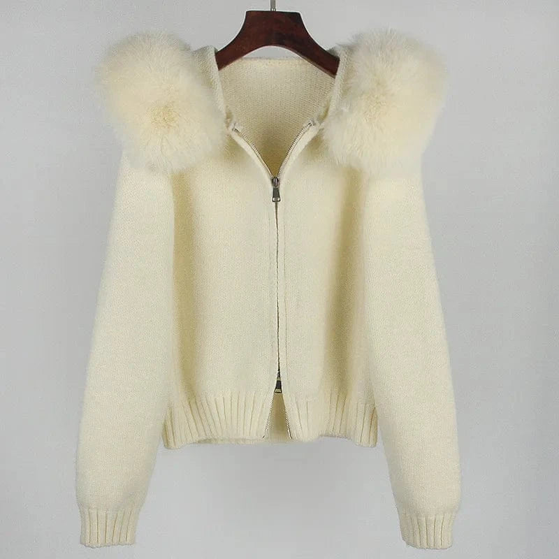 Average size / Beige 2023 New Autumn And Winter Leisure Hooded Real Fox Fur Collar Fashion All-Match Sweater Outer Fur Coat For Women