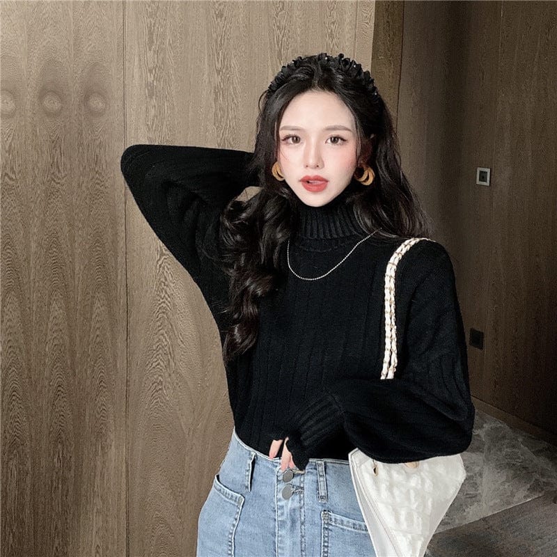 Average size / black knitted top turtleneck pullover women's autumn and winter loose bf idle style design sense niche
