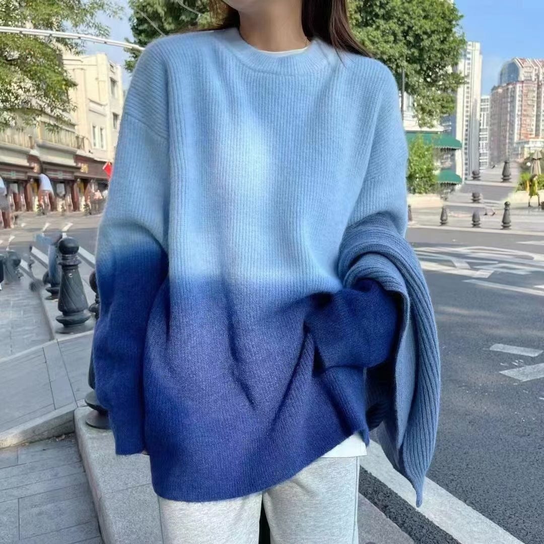 Average size / Blue Gradient Color Sweater Women's Pullover Thick Loose Idle Style Matching Tie-Dyed Soft Glutinous Super Fairy