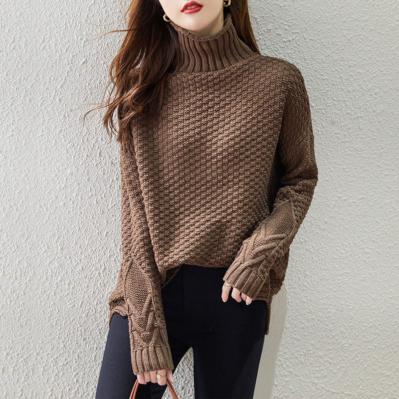 Average size / Brown 2022 Turtleneck Sweater For Women New Retro Loose Cotton Knitwear All-Match Long Sleeve Pullover Knitting Base Shirt