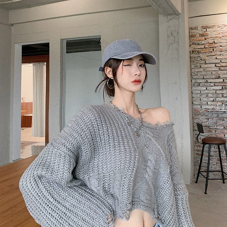 Average size / Gray Sweater Women's Loose Idle Style Twist Frayed Western Hot Girl Ripped Top