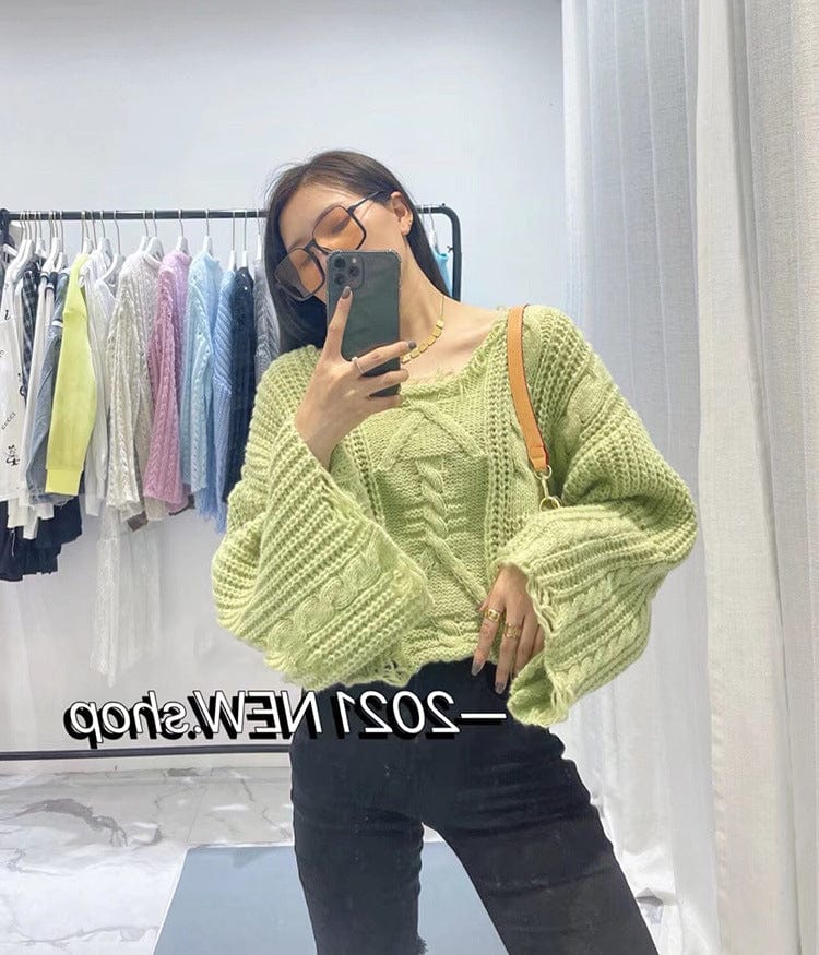 Average size / green Sweater Women's Loose Idle Style Twist Frayed Western Hot Girl Ripped Top