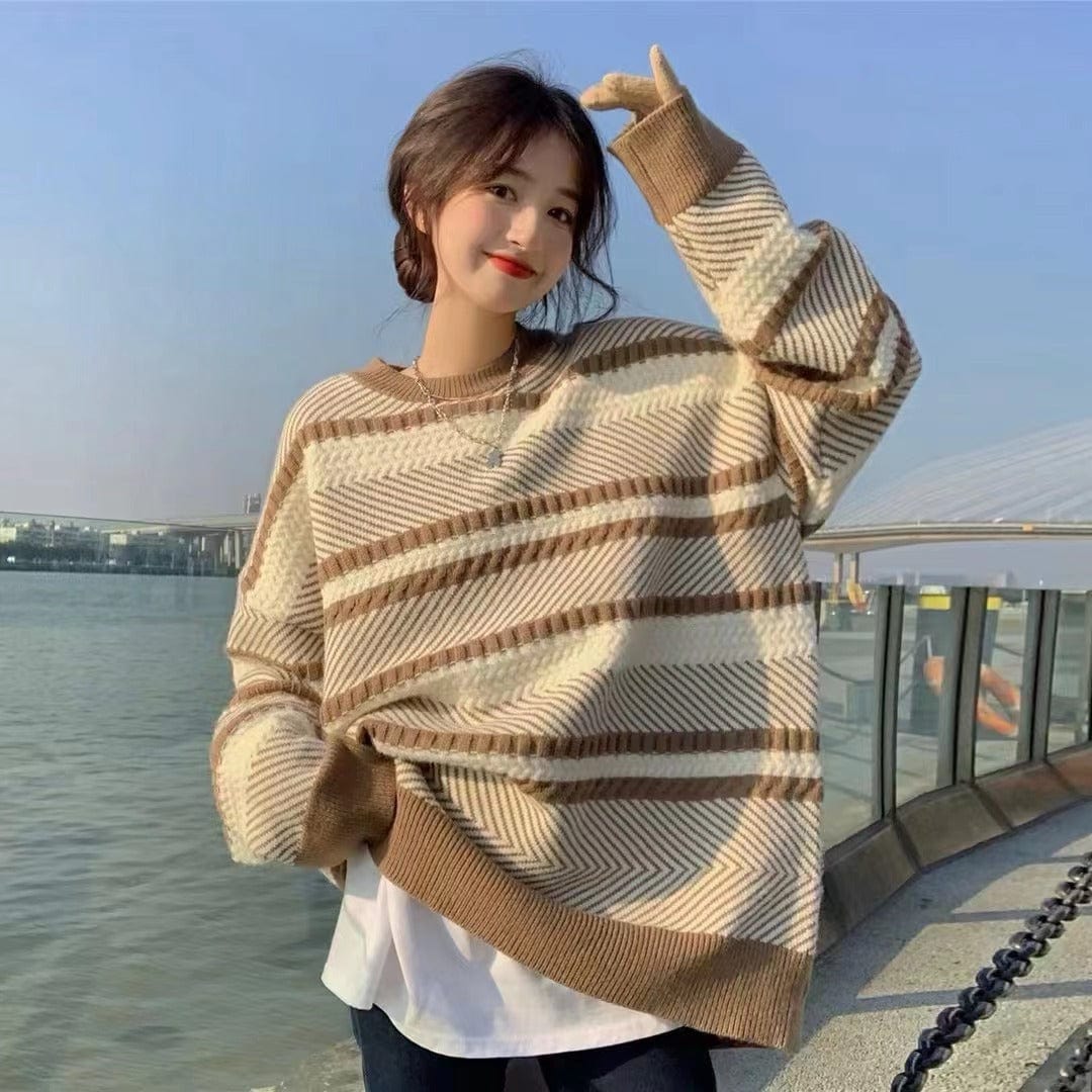 Average size / Khaki Striped Sweater For Women Loose Pullover Lazy Outer Wear Slimming Knitted Top Early Autumn