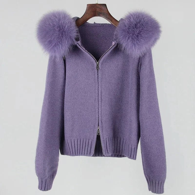 Average size / Purple 2023 New Autumn And Winter Leisure Hooded Real Fox Fur Collar Fashion All-Match Sweater Outer Fur Coat For Women