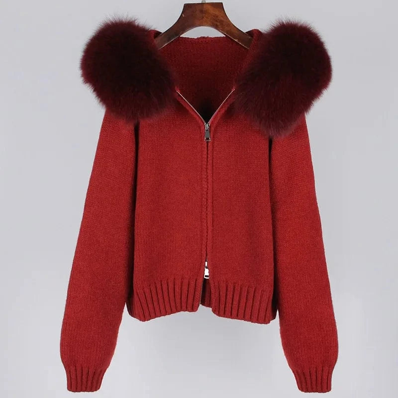 Average size / Red 2023 New Autumn And Winter Leisure Hooded Real Fox Fur Collar Fashion All-Match Sweater Outer Fur Coat For Women