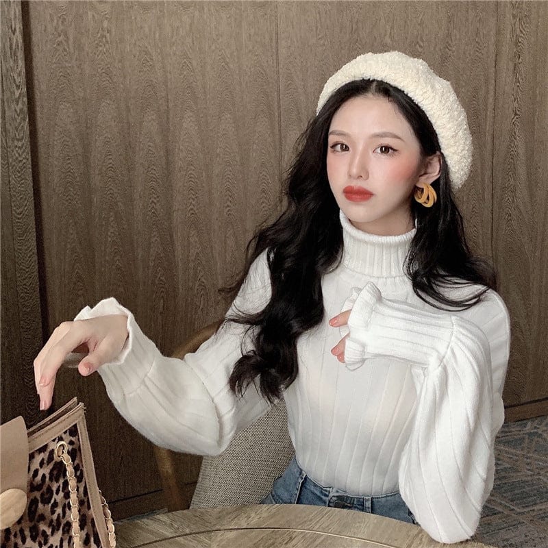 Average size / White knitted top turtleneck pullover women's autumn and winter loose bf idle style design sense niche