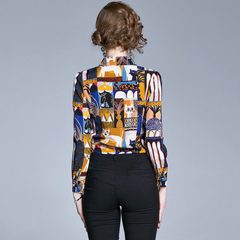 AZ2050040 # Early spring European station fashion printed shirt lapel long sleeve wild white collar shirt