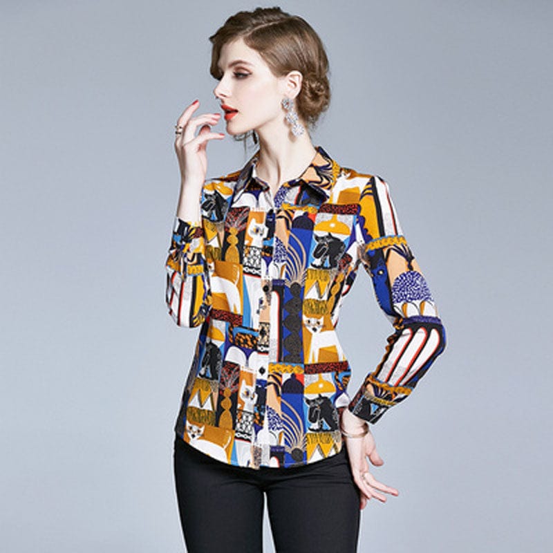 AZ2050040 # Early spring European station fashion printed shirt lapel long sleeve wild white collar shirt