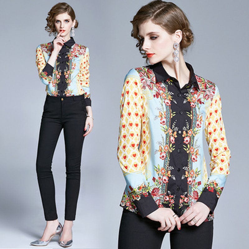 AZ6655045 # European spring new women's temperament printed shirt fashion wild lapel shirt