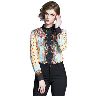 AZ6655045 # European spring new women's temperament printed shirt fashion wild lapel shirt