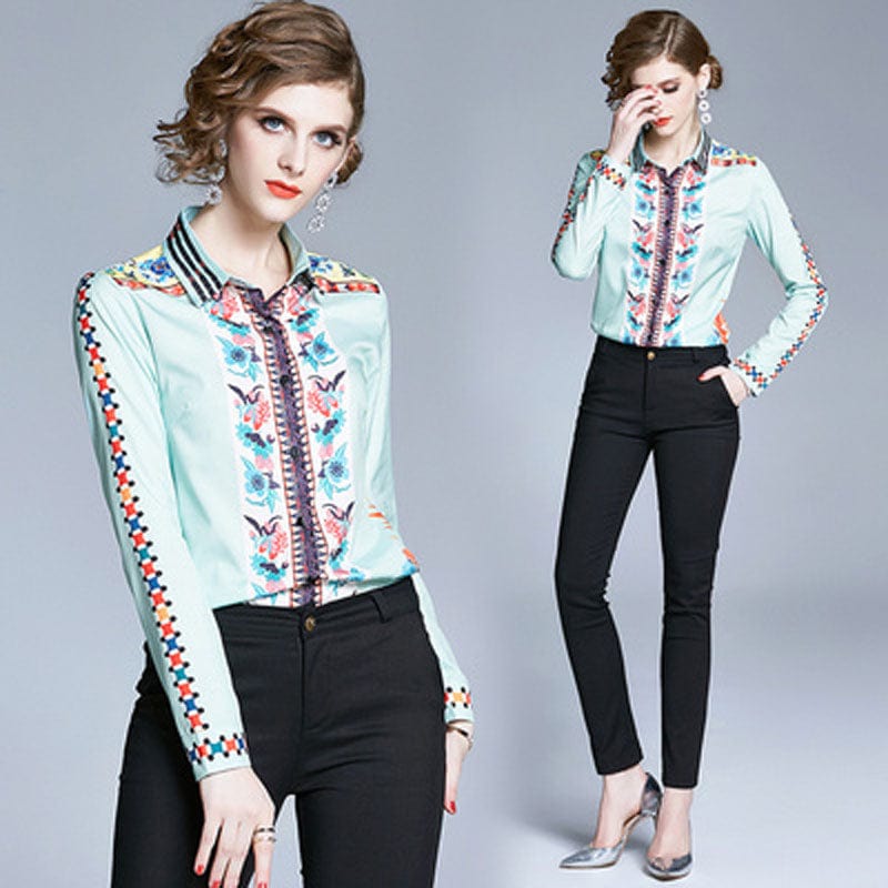 AZ6687045 European station spring new women's temperament printed tops fashion wild lapel shirt