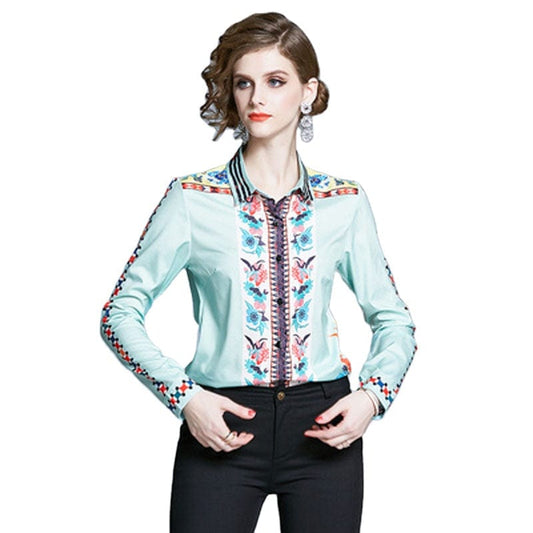 AZ6687045 European station spring new women's temperament printed tops fashion wild lapel shirt