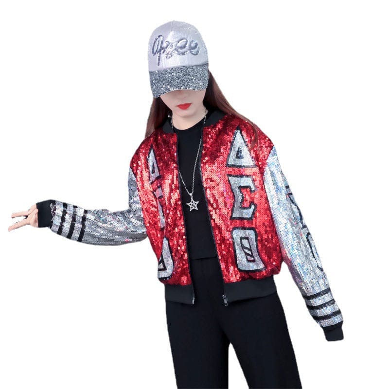 B2937 Black Sequin Red Black DST Letters Sorority Sequin Jackets Baseball jackets Delta Jacket