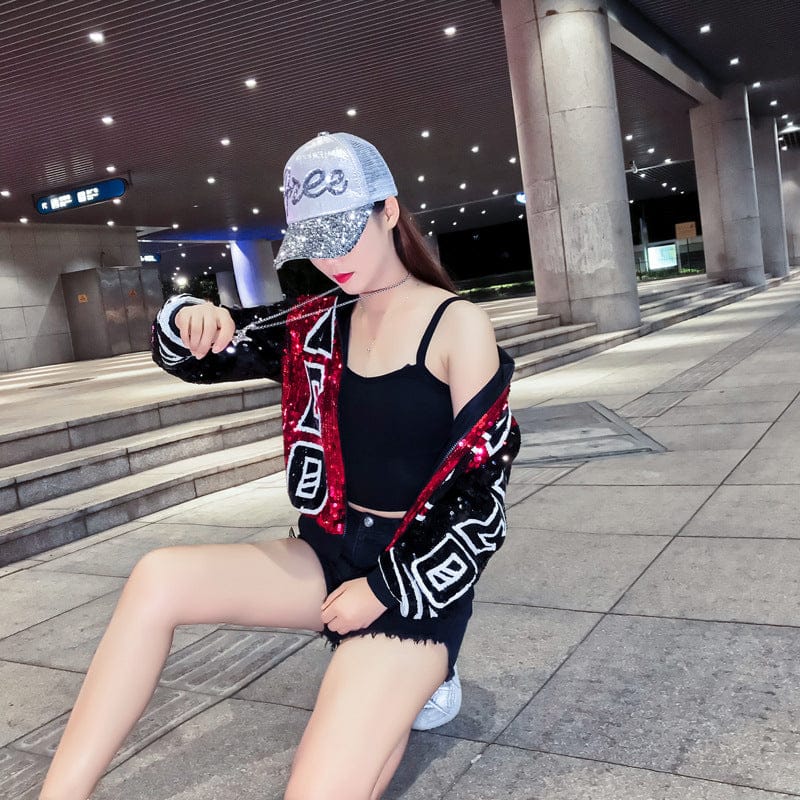 B2937 Black Sequin Red Black DST Letters Sorority Sequin Jackets Baseball jackets Delta Jacket