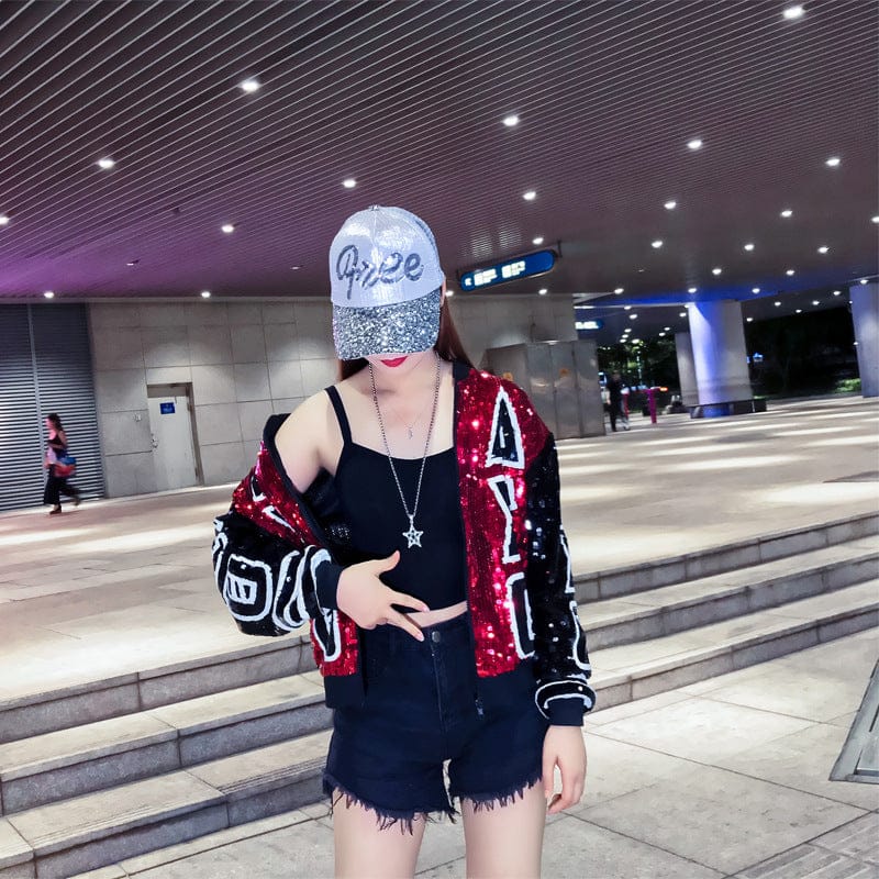 B2937 Black Sequin Red Black DST Letters Sorority Sequin Jackets Baseball jackets Delta Jacket