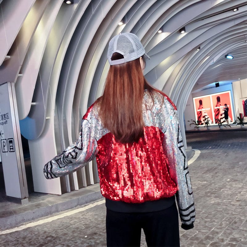 B2937 Black Sequin Red Black DST Letters Sorority Sequin Jackets Baseball jackets Delta Jacket