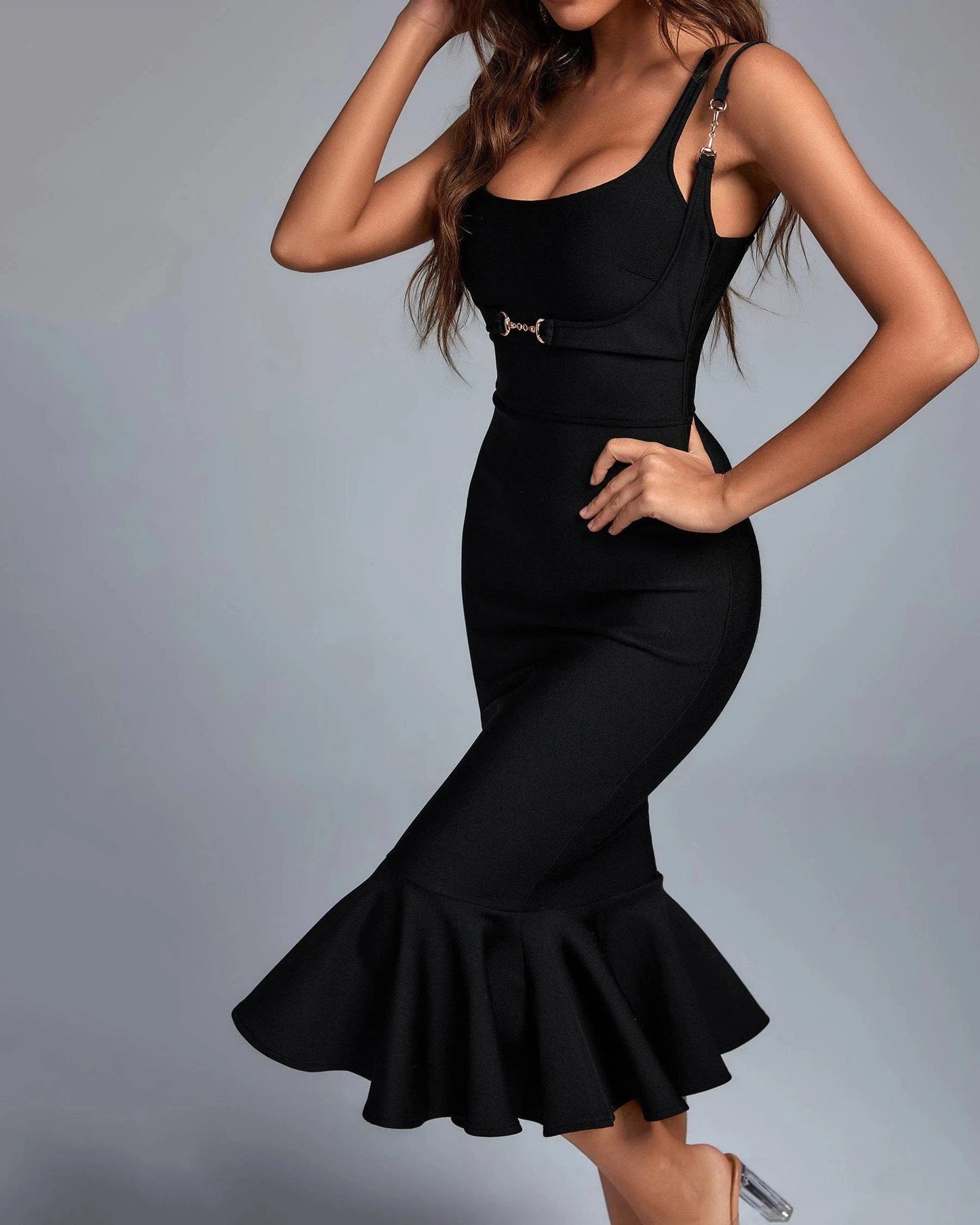 BA205 Bandage Dresses Square Neck Sleeveless Sexy Bodycon Evening Dress Fashion Party Causal Fishtail Black Vestidos For Woman