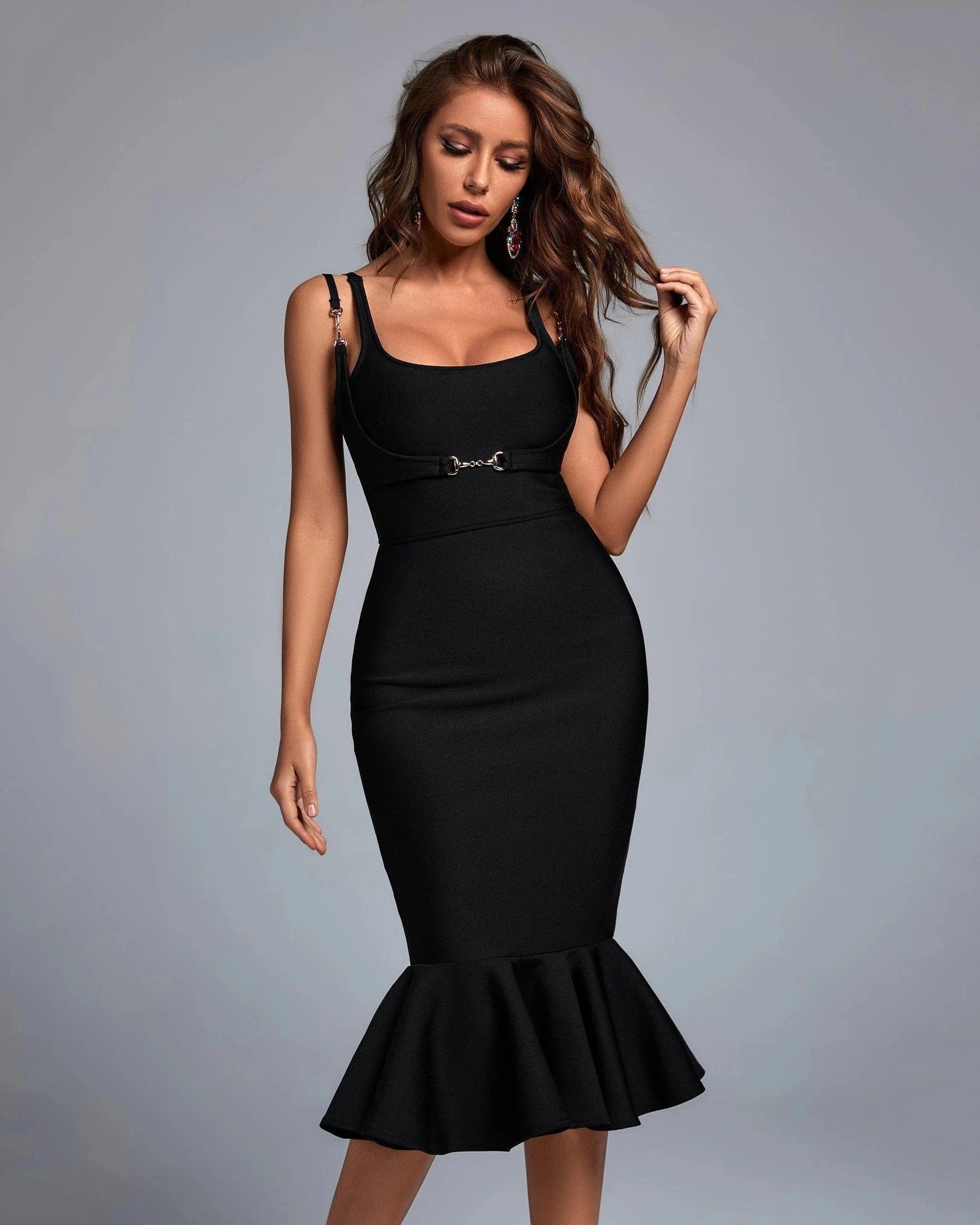 BA205 Bandage Dresses Square Neck Sleeveless Sexy Bodycon Evening Dress Fashion Party Causal Fishtail Black Vestidos For Woman