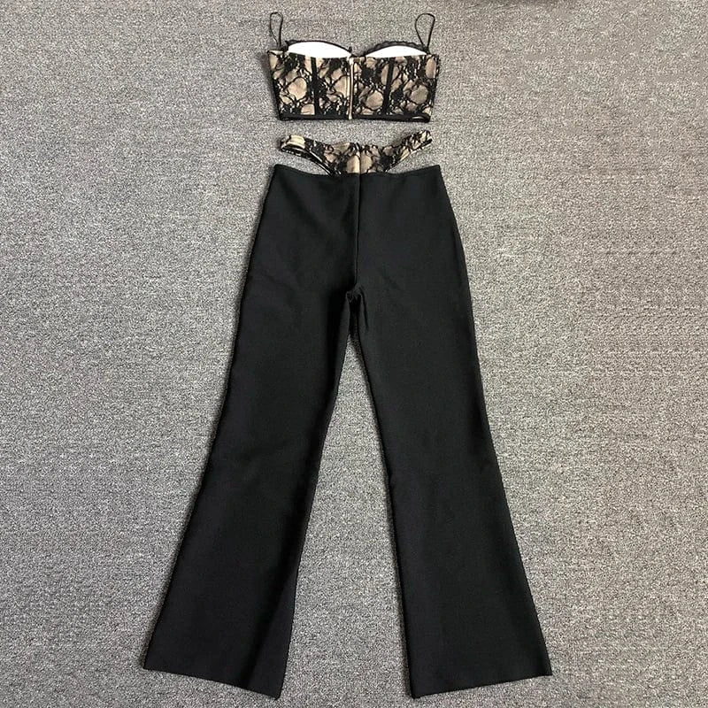 BA356 New Bandage Woman Suit Summer Lace Off The Shoulder Sexy Top Long Pants High Quality Fashion Party Black Two Pieces Set