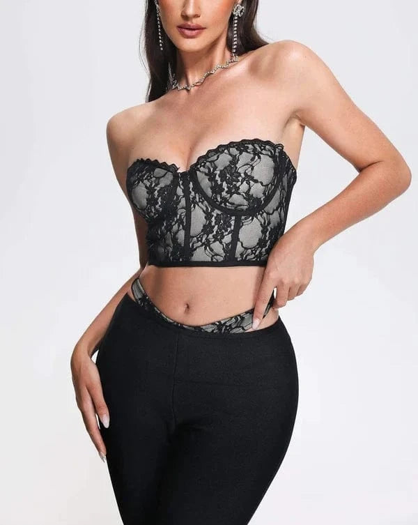BA356 New Bandage Woman Suit Summer Lace Off The Shoulder Sexy Top Long Pants High Quality Fashion Party Black Two Pieces Set