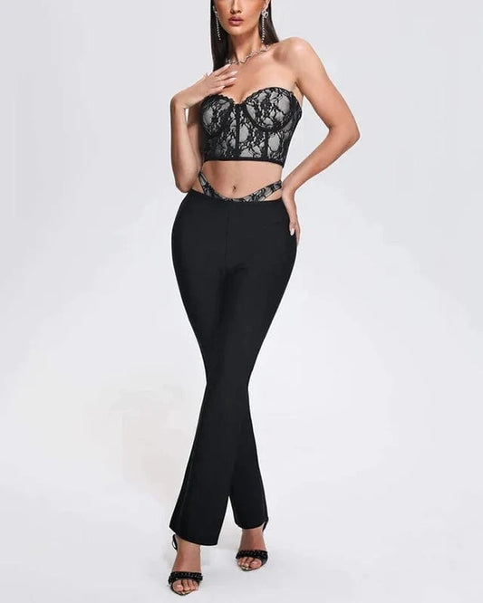 BA356 New Bandage Woman Suit Summer Lace Off The Shoulder Sexy Top Long Pants High Quality Fashion Party Black Two Pieces Set