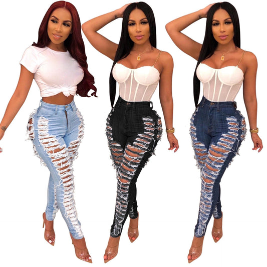 BA389 Stylish S-3XL best quality Amazon hot selling pretty fashion sexy bodycon denim fabric women's ripped jeans