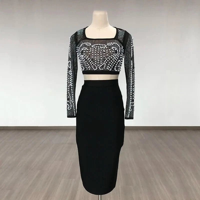 BA403 New Black Woman Suit Pearls Crystal Top Bandage Skirt Luxury Sexy Two Pieces Set Fashion Club Party Evening Dresses