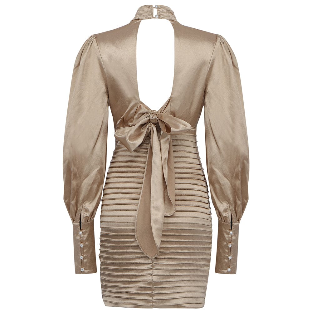 BA7580 New Autumn Long Sleeve Fashion Bodycon Bow Sashes Satin Cut Out Backless Stylish Sexy Dress Women Casual Dresses