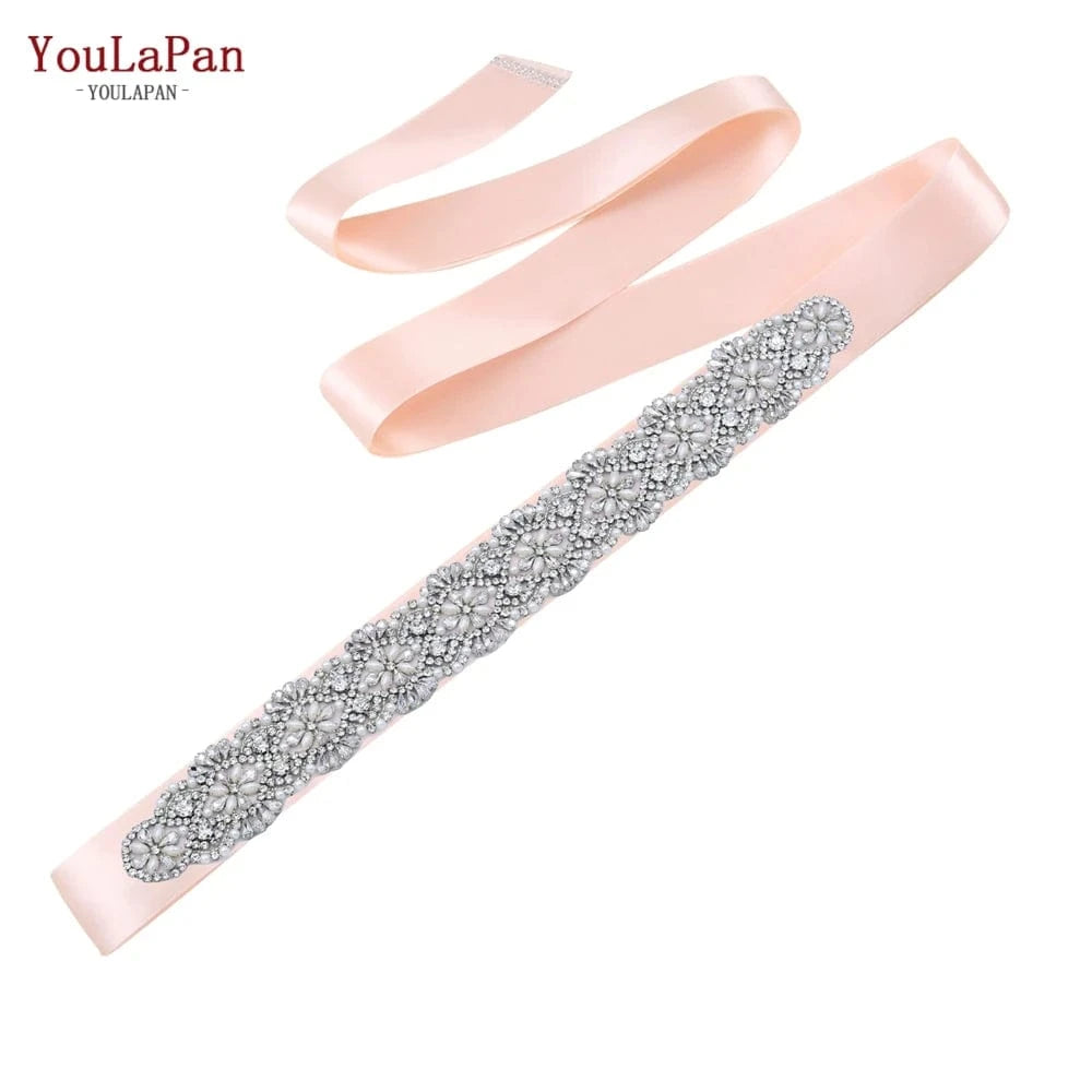 Baby pink Ribbon YouLaPan S04C Rhinestone Party Dress Belt Luxury Bridal Sash Ribbon For Ladies Evening Dress Bridal Jewelry Belt