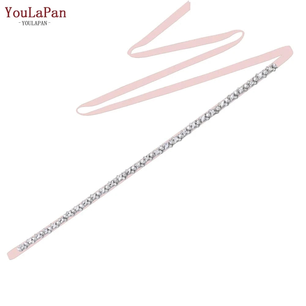 Baby pink Ribbon YouLaPan S404 Modern Design Hot Sale Women Dress Belt Silver Rhinestone Thin Belt Bridal Wedding Dress Waist Jewelry