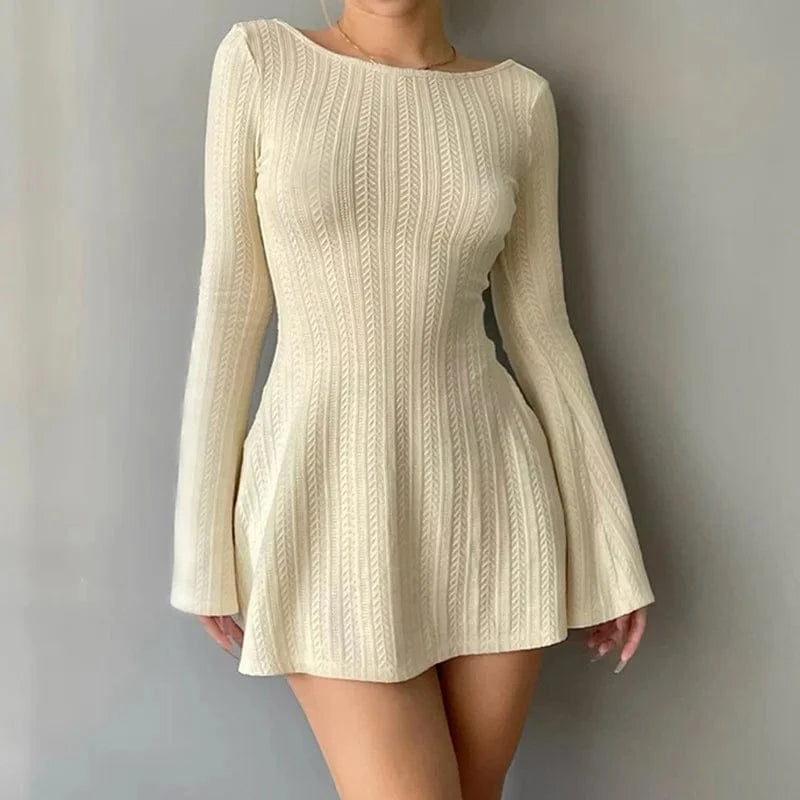 Backless Solid Long Sleeve Autumn Dress Women Korean Fashion Basic Mini Dresses Slim Elegant Clothes Ladies dress