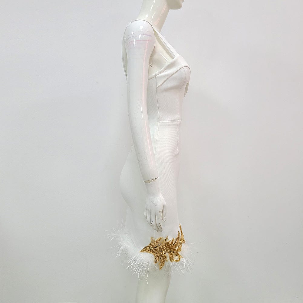 Backless V Halter Fashion Sequins Thin Long Feather Package Hip Bandage Dresses Women's Dresses