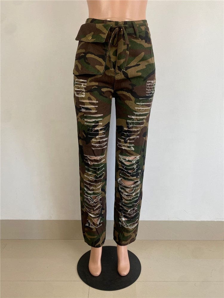 Baggy Pants Women 2023 Pockets High Waist Green Fashion Cargo Pants Casual Hole Camouflage Trousers