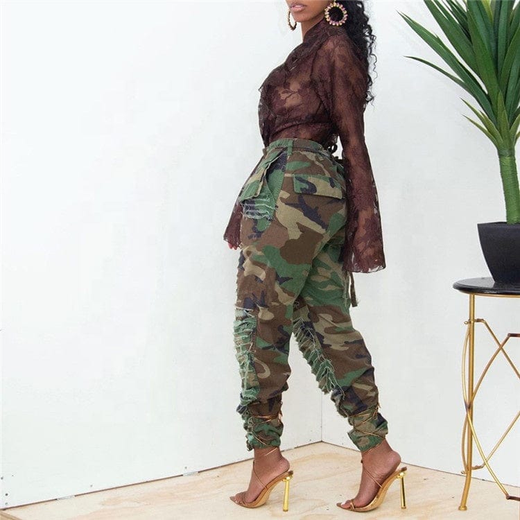 Baggy Pants Women 2023 Pockets High Waist Green Fashion Cargo Pants Casual Hole Camouflage Trousers