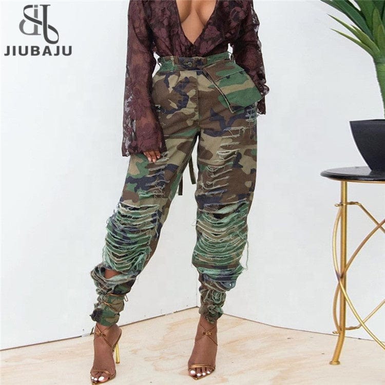 Baggy Pants Women 2023 Pockets High Waist Green Fashion Cargo Pants Casual Hole Camouflage Trousers
