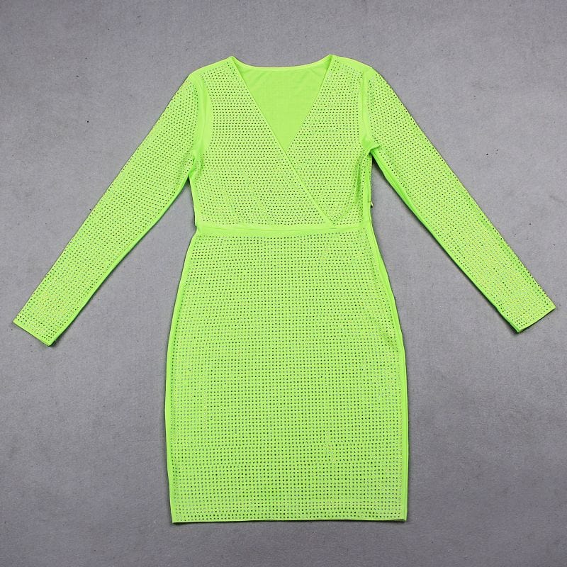 Bandage Mini Beading Deep V-Neck Long Sleeve Vestidos Bodycon Evening Celebrity Club Summer Women Dresses