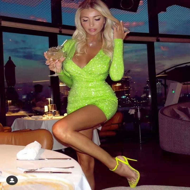 Bandage Mini Beading Deep V-Neck Long Sleeve Vestidos Bodycon Evening Celebrity Club Summer Women Dresses