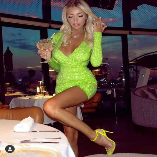 Bandage Mini Beading Deep V-Neck Long Sleeve Vestidos Bodycon Evening Celebrity Club Summer Women Dresses