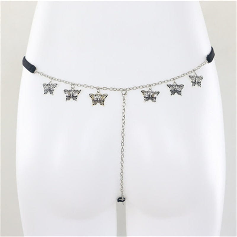 BC-6-3412 Personalized women sexy silver rhinestone letter belly waist Thong Panties Body Chain Rhinestone Thong Set Belly Chains