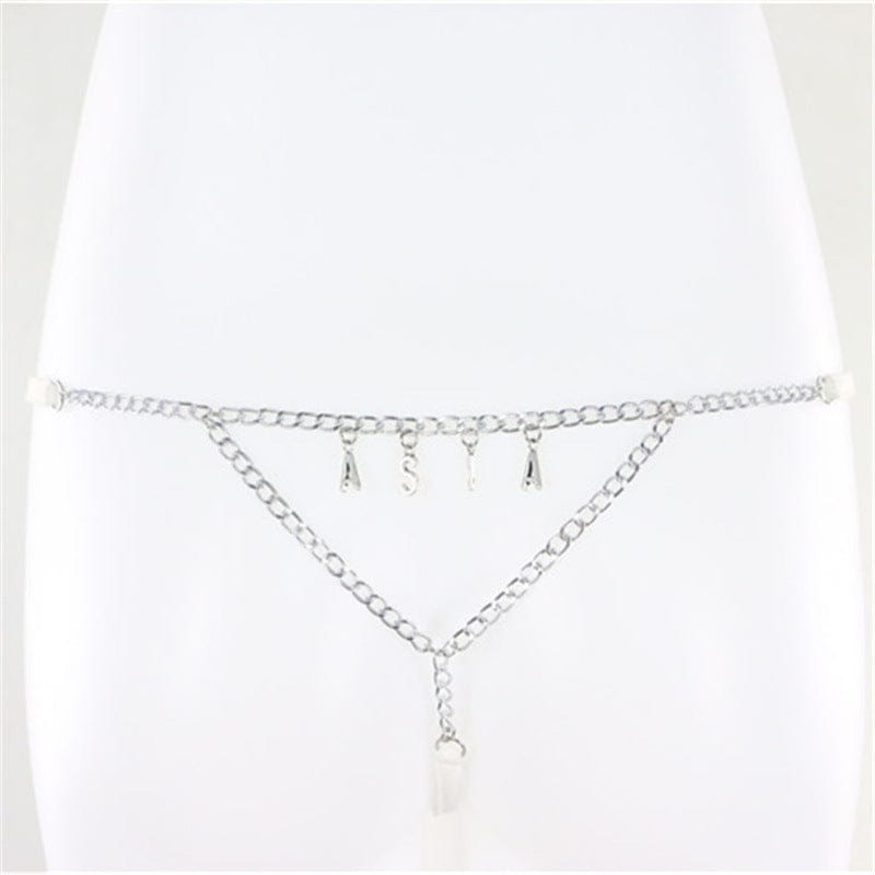 BC-M-3397 Personalized women sexy silver rhinestone letter belly waist Thong Panties Body Chain Rhinestone Thong Set Belly Chains