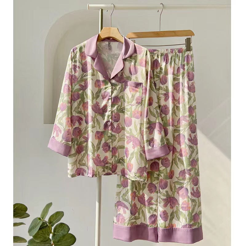 Bclout Female Home Clothes Pyjamas Two-Piece Set 2023 Autumn Thin Cardigan Long Sleeve Sleepwear Women Tulip Print Satin Pajamas