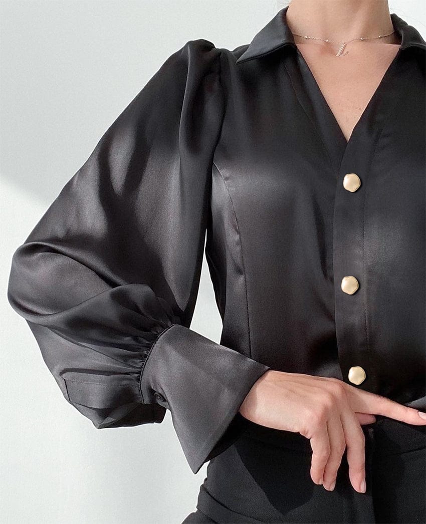 Bclout/QINSI Button Frill Tops Office Ladies Spring 2023 Chic Pleated Elegant Ladies Black Shirts  Lantern Sleeves Women Blouses